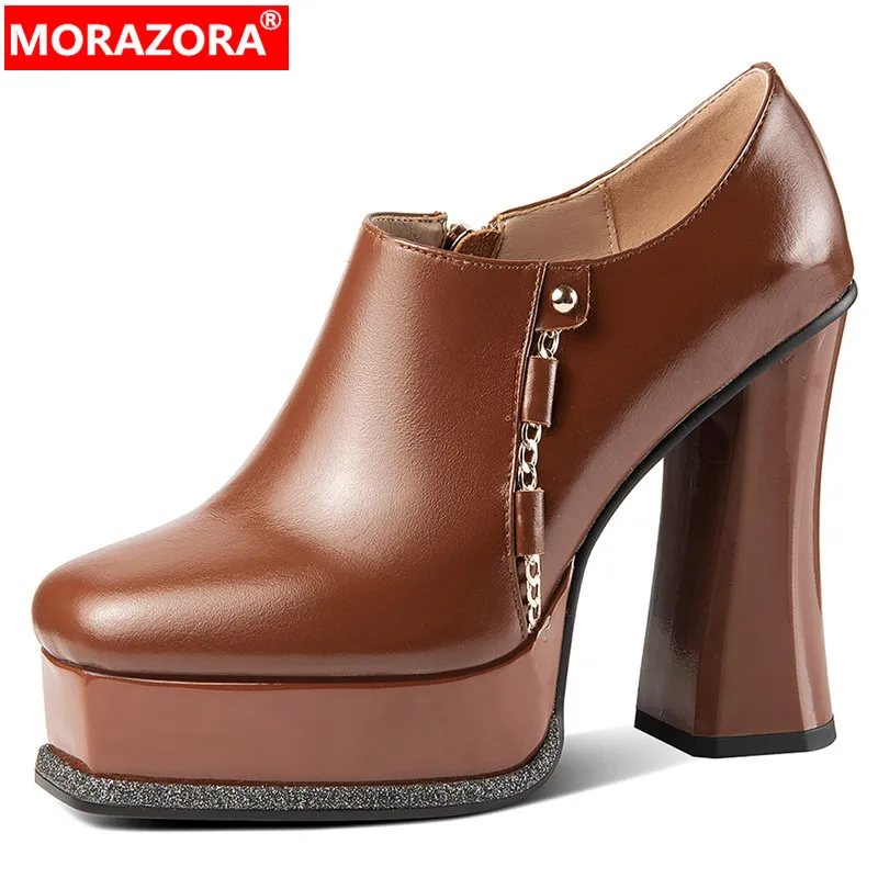 

MORAZORA 2024 New Classics Genuine Leather Single Shoes Women Ladies Zipper Spring Pumps Thick High Heels Platform Shoes