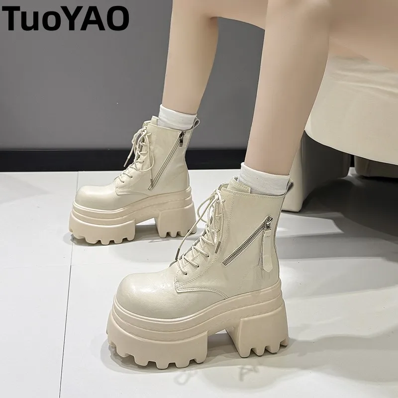 

Women High Platform Boots Gothic Leather Punk Shoes Female Ankle Short Combat Boots 10CM Wedge Heels Chunky Motorcycle Boots