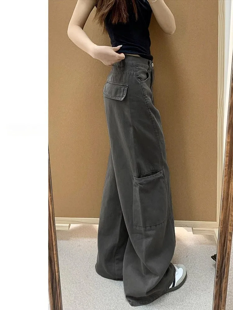 Ey perna larga denim calças de trabalho feminino solto drapeado cintura alta calças compridas para pêra aped plus size emagrecimento jeans retos