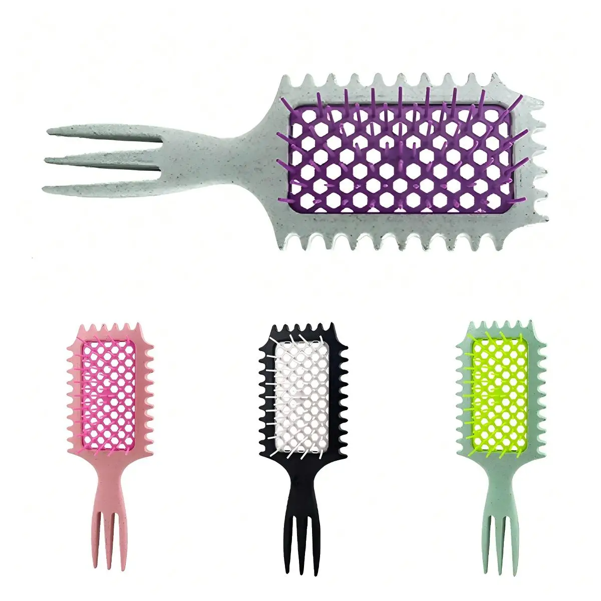 A springy curling comb with a triangular tail design, a wheat straw hair massage comb, and a nylon brush handle for normal hair