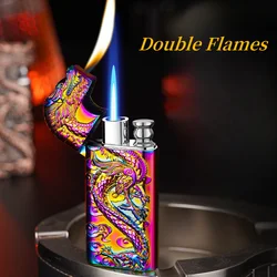 New Dual Flame Modified Gas Lighter Metal Three-Dimensional Embossed Dragon Jet Torch Lighter Cigarette Accessories Men's Gift