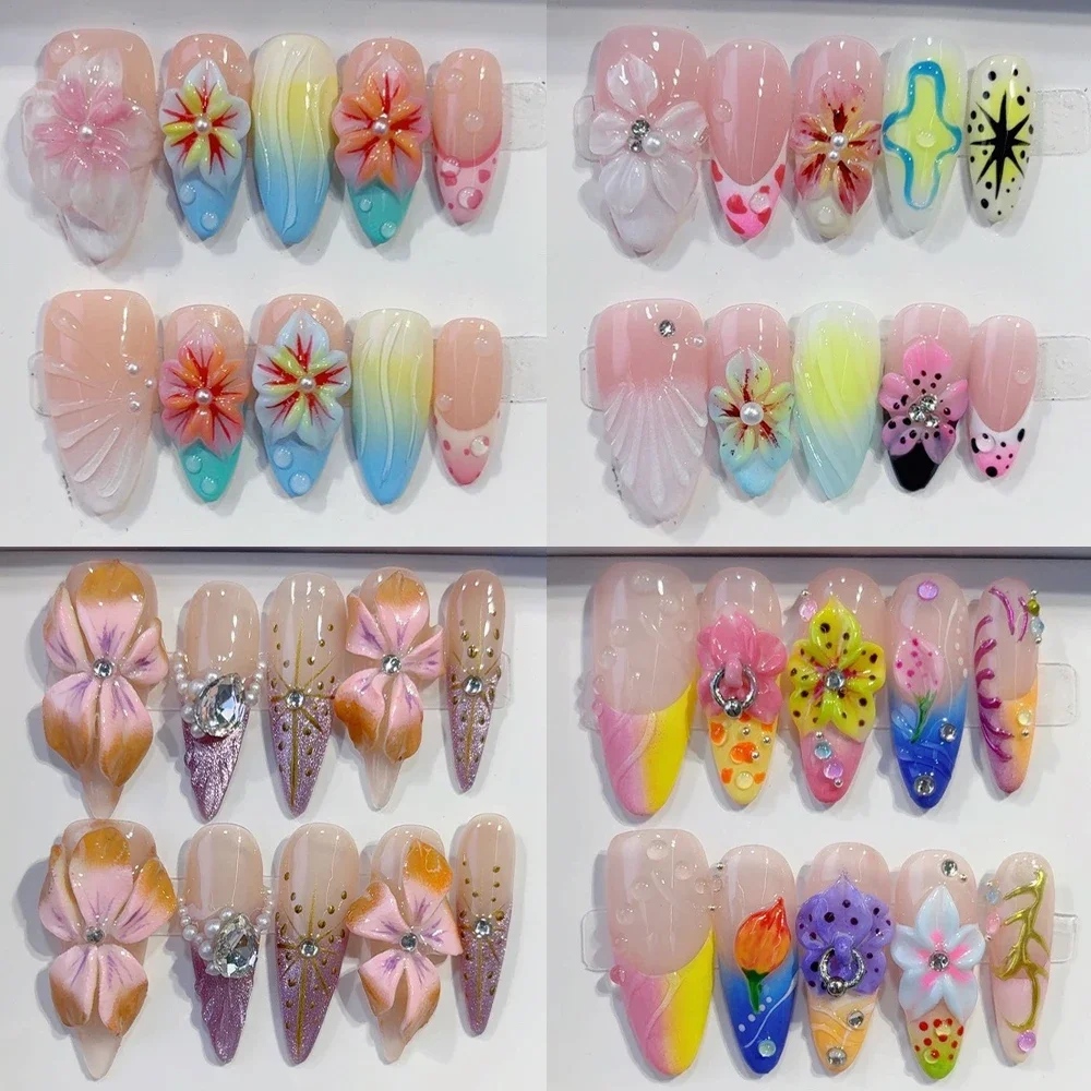 

10Pcs Spice Girl Handmade Almond Reusable Press On Nails 3D Flower Water Drop Stars Diamond Bowknot Pearl French Full Cover Nail