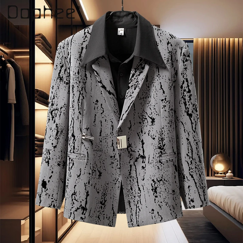 2025 Spring and Autumn New Korean Style High-End Gray Tie-Dye Blazer Jacket Black Loose Casual Shirt and Pants Set
