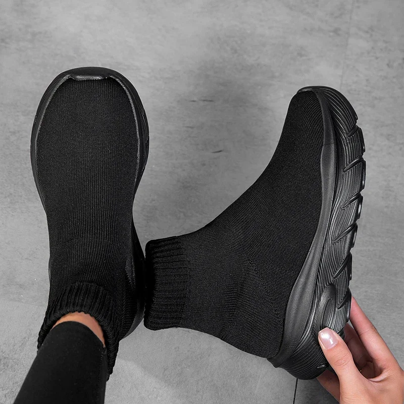 Women Shoes Classic High-top Sock Shoes Thick Sole Stretch Slip-On Casual Sneakers Breathable Mesh Outdoor Walking Shoes Black