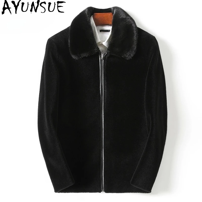 

AYUNSUE Casual 100% Wool Coats for Man 2025 Autumn Winter Fashion Short Sheep Shearing Jacket Mink Fur Collar Black Fur Coat