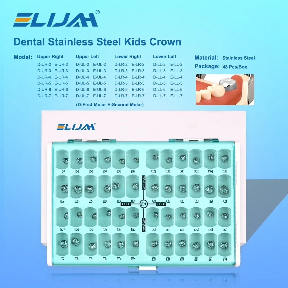 ELIJAH 48Pcs/Box Dental Kid Crowns Preformed Metal Crown Stainless Steel Pediatric Temporary Child Crowns Pedo Molar Crown Kit