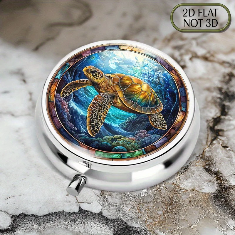 1 piece of flat, portable, round metal pill box, featuring a colorful glass turtle design with a fantasy ocean background, ideal for stylish and safe medication storage, perfect for storing vitamins, multi-functional organization, and storing small accessories