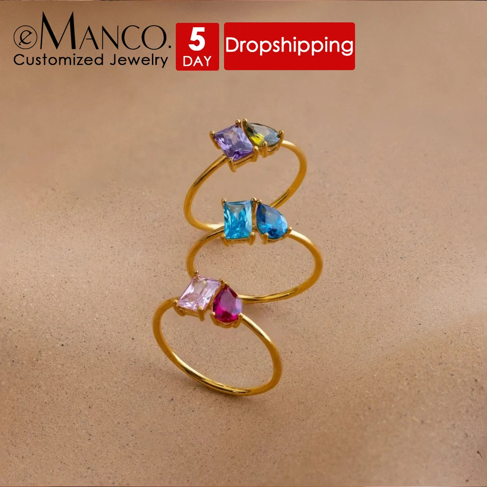 EMANCO Stainless Steel Ring Dual‑stone Design Rectangle And Teardrop Gem Inlay For Women Daily Wear Dating Social Gathering