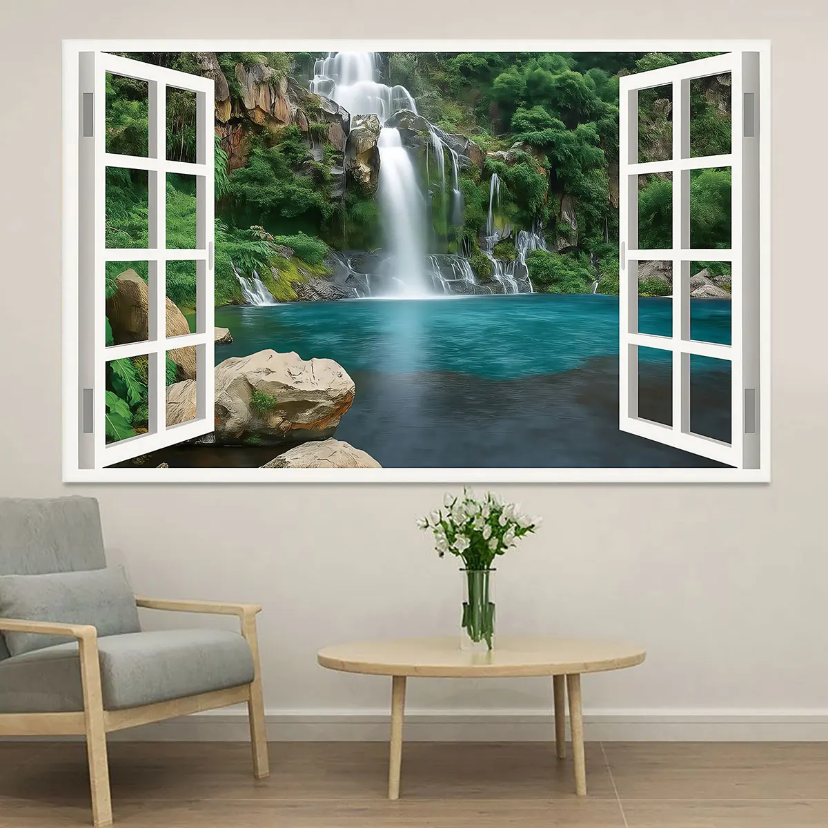 1pc Fake‑Window Waterfall Landscape Circular Flat PVC Wall Sticker, Artistic Wall Decoration Sticker For Living Room And Bedr
