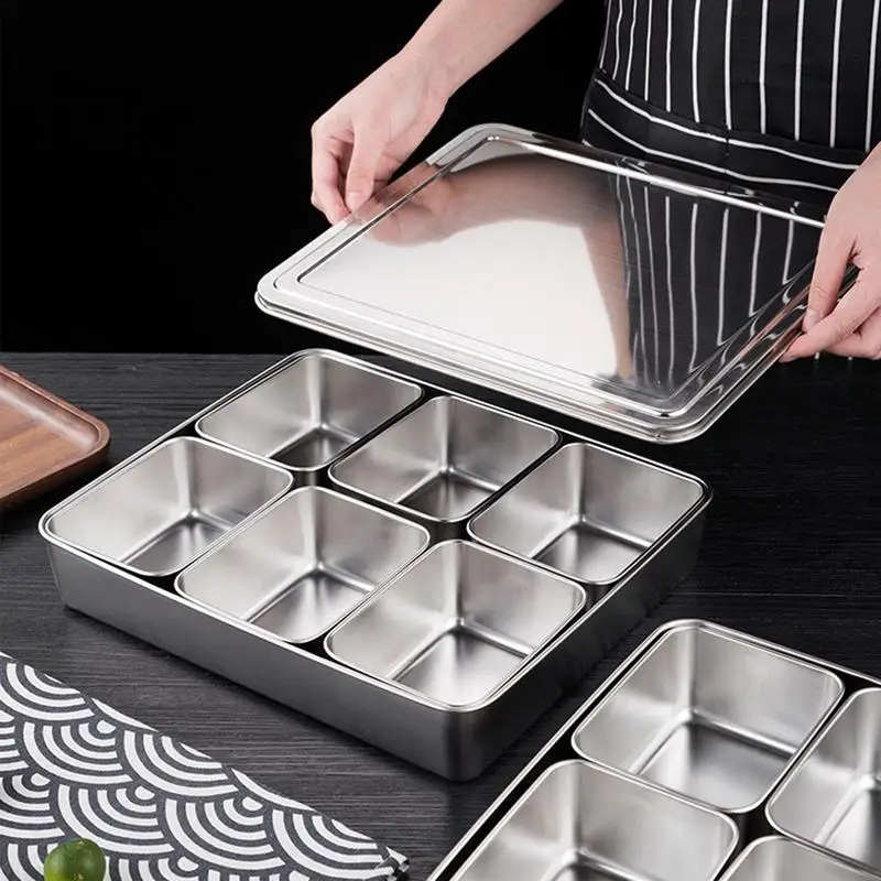 Multi Grid Seasoning Box Multi-Compartment Condiment Stainless Steel Box Rectangle Seasoning Box With Lid Holder Tray Divided