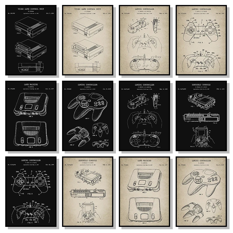 Vintage Game Console Blueprint Poster and Prints Game Wall Art Canvas Painting Gaming Room Decor Pictures Gamer Frameless Gifts