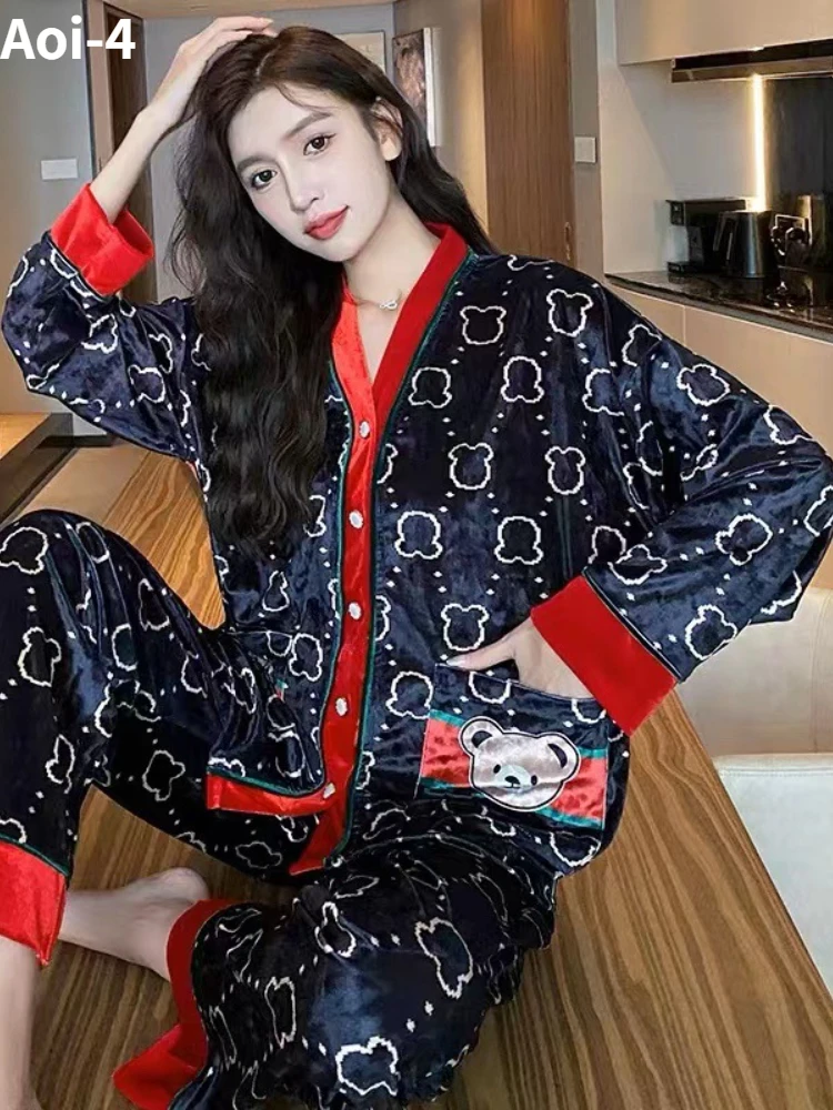 Plus Size Golden Velvet Bear Pajamas Suit Women Spring Autumn High Quality Red V-Neck Top+Pants Korean Outer Wear Home Clothes