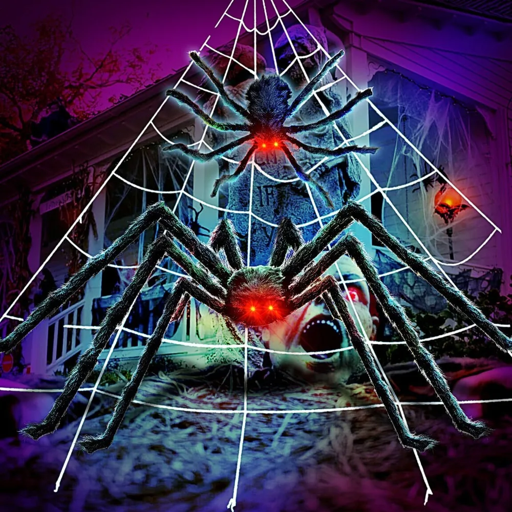 عيون LED عملاقة متوهجة عنكبوت واقعي مزحة ألعاب الهالوين المتوهجة عنكبوت مسكون منزل مخيف ديكور الهالوين