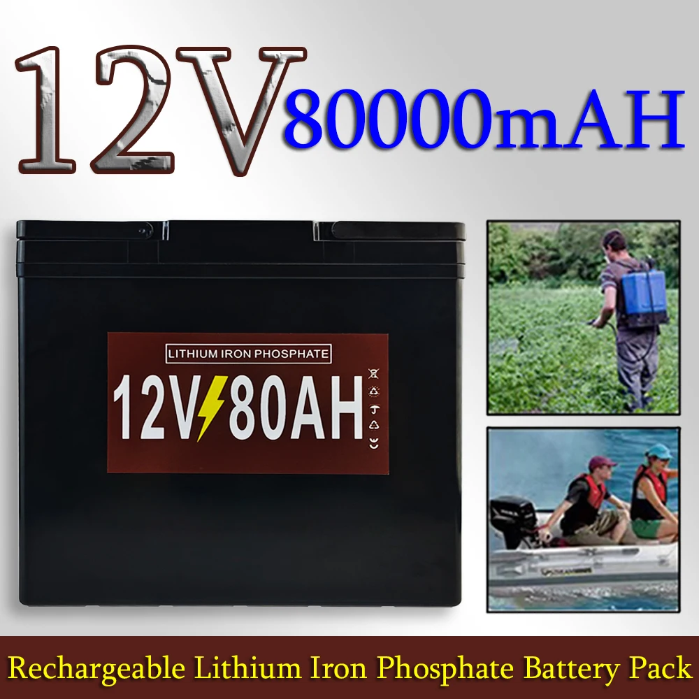 

12V 80Ah LiFePO4 Battery Pack built-in BMS 12.8V Rechargeable Battery For RV Campers Golf Cart Off-Road Off-grid Solar Wind