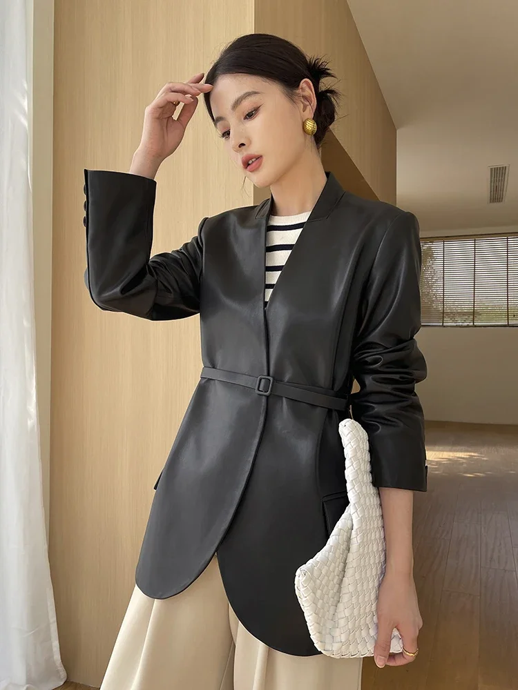 

V-neck Elegant Genuine Leather Blazer Jackets for Women Simple Soft Black Real Sheepskin Coat with Belt chaqueta cuero mujer