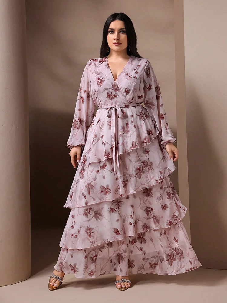 TOLEEN-Vestido largo informal con estampado Floral para mujer, traje Formal elegante de talla grande con cuello en V y cinturón, manga larga, novedad de 2024