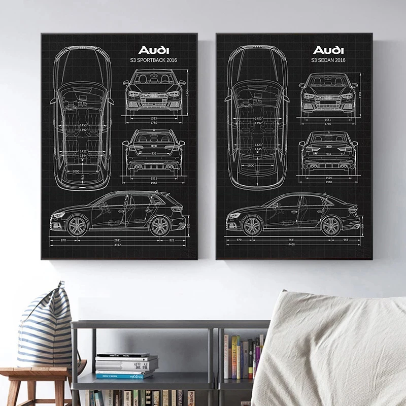 Sedan Car Blueprints MercedesBenz W124 Poster Canvas Paintings and Print Wall Art Picture for Living Room Home Decoration