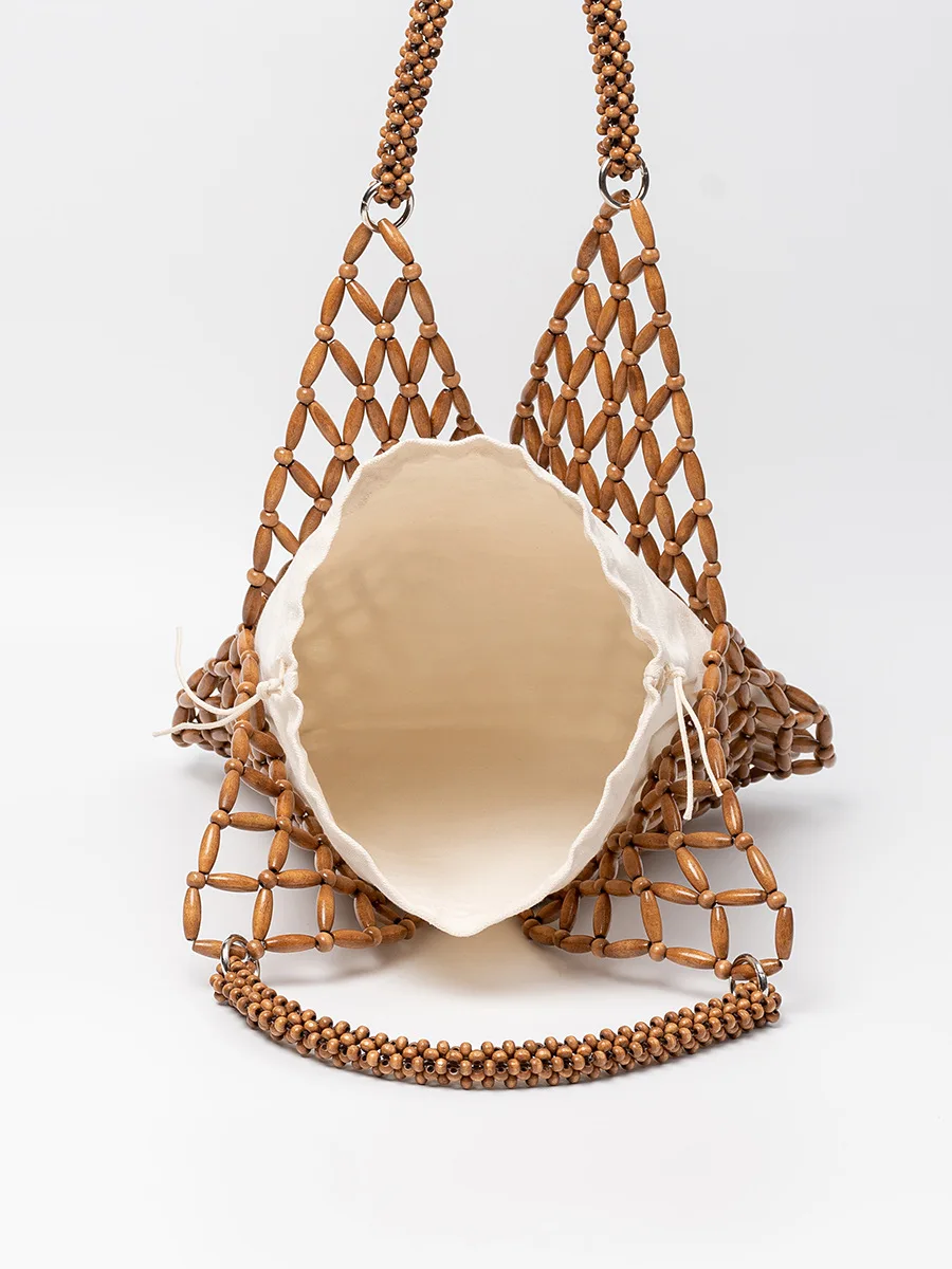 Handtasche aus Ahornholz, europäische und amerikanische gewebte Umhängetasche, Strandtasche für den Urlaub am Meer, neue Holzperlen-Tasche für Damen – Detail 3