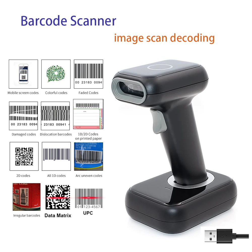 

2D Barcode Scanner 1D 2D QR code Wireless Handheld Reader with Case USB Support Mobile Phone iPad Windows for Retail Supermarket