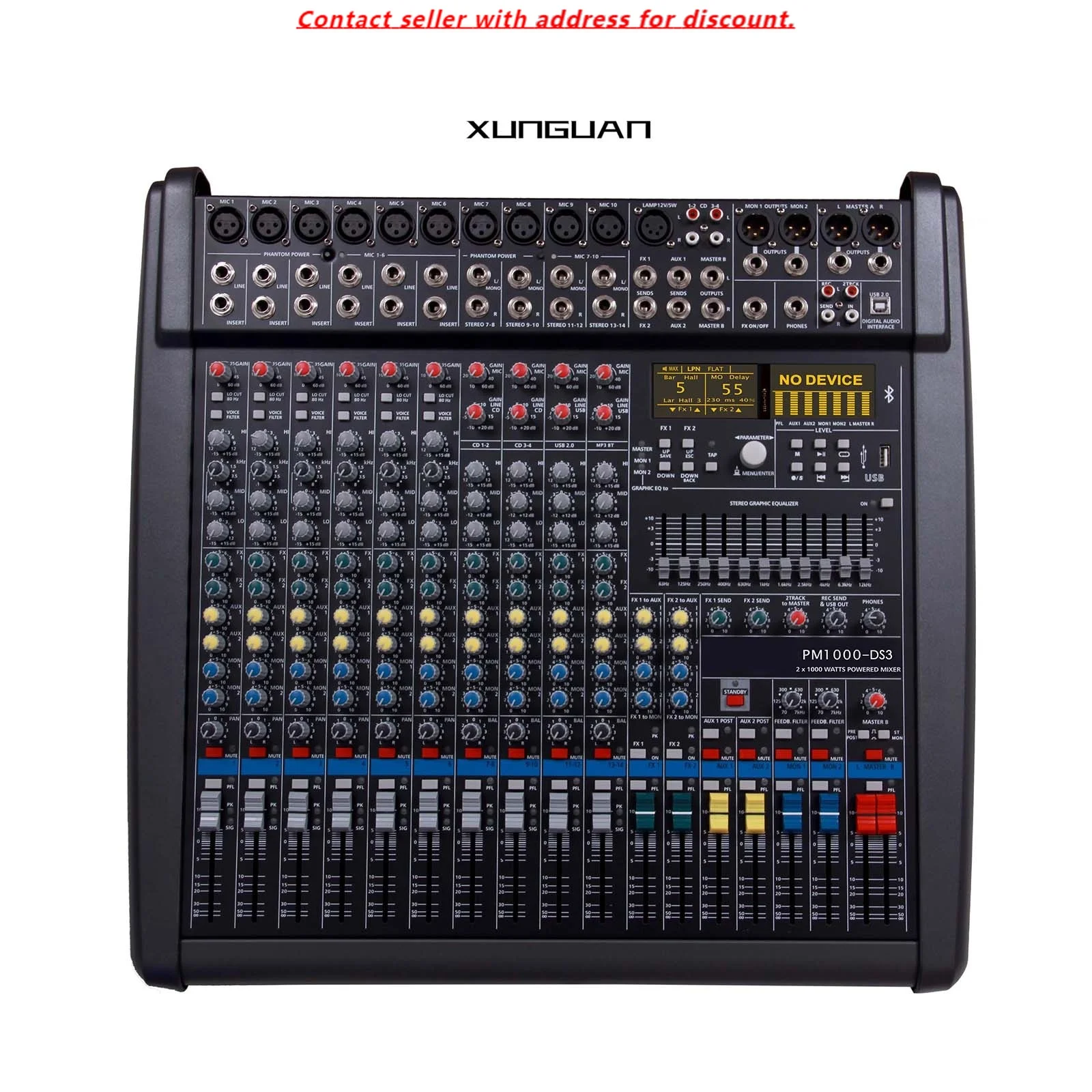 PM1000-DS3 Mixer Daya Berkualitas Baik dengan Bluetooth 10 Kanal DSP USB Phantom 48v Perekaman 2*1200W dengan Kotak Mixer