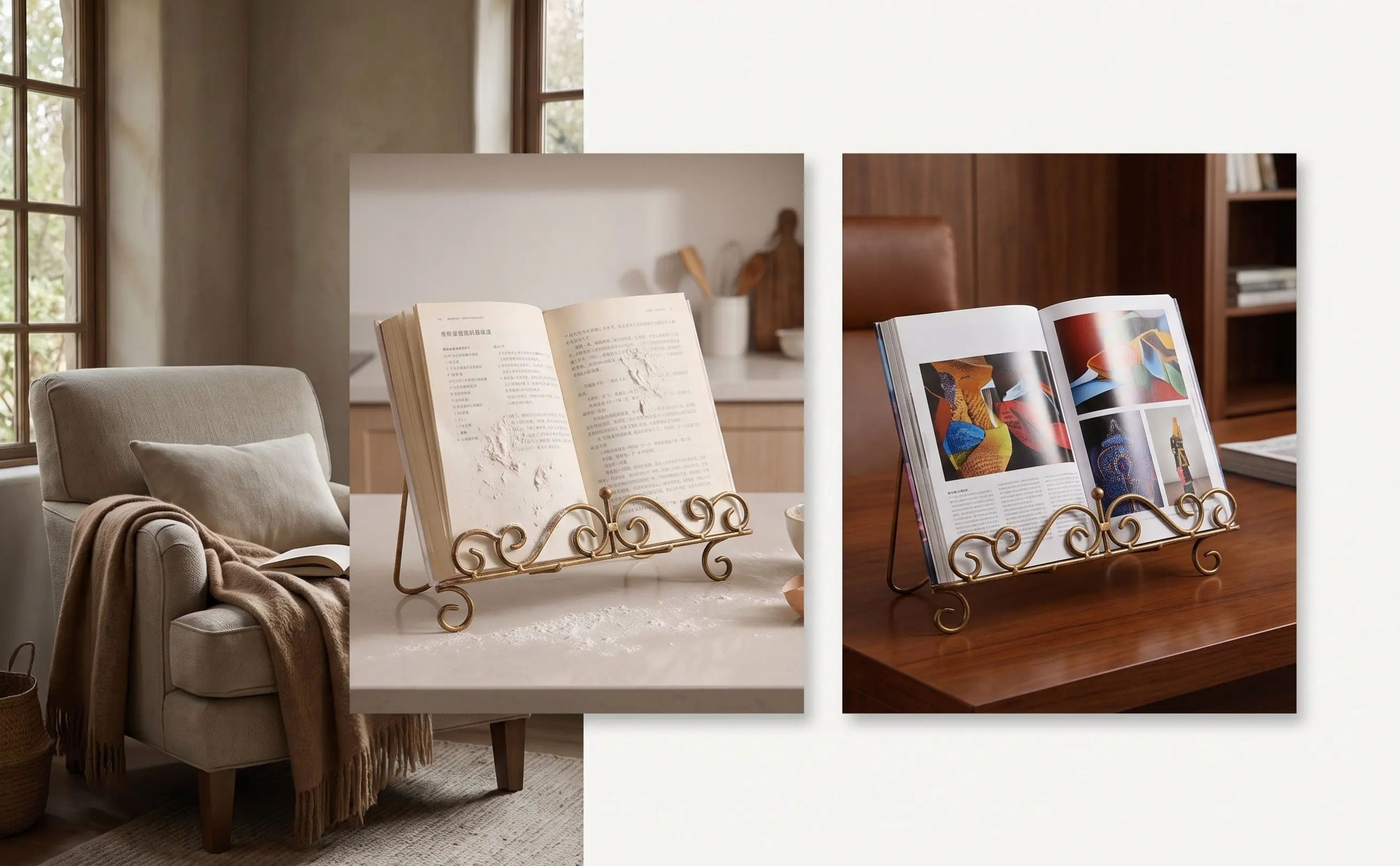 Heavy Duty Metal Cookbook Stand Vintage Iron Recipe Book Holder Foldable Design for Kitchen Countertop Cooking Reading Document