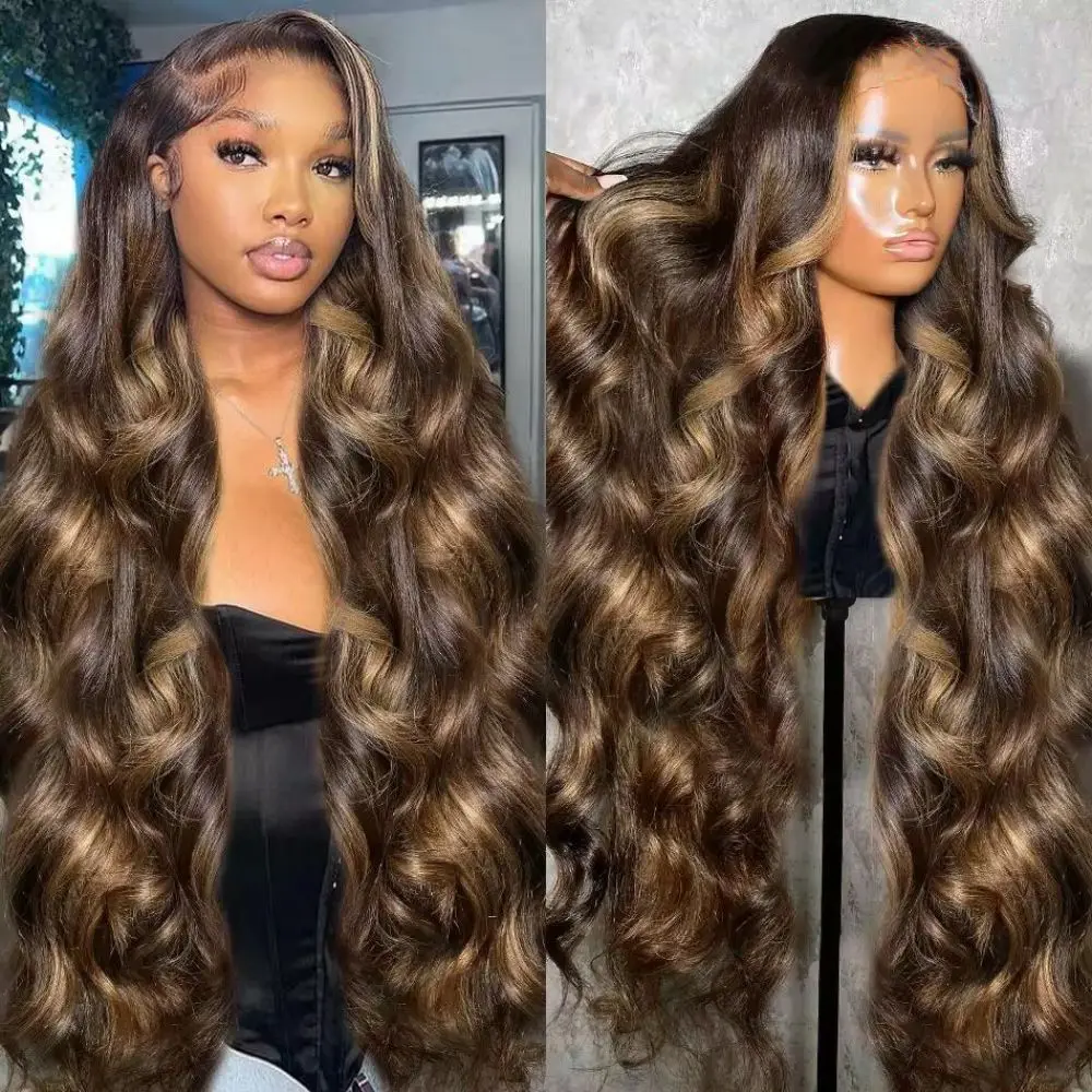 Highlight Body Wave Lace Frontal Perücken 30 36 Zoll p4/27 Perücken Echthaar Ombre 13x4 13x6 Spitze Frontal Perücken für Frauen