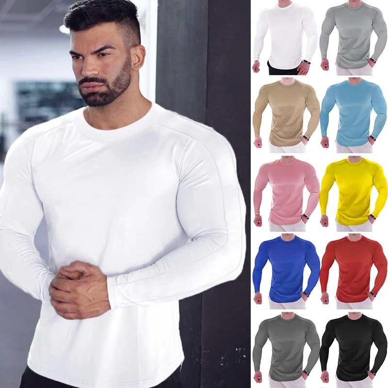 Men Skinny Long Sleeve Shirt Spring Casual Fashion Print T-Shirt Male Gym Fitness Black Tee Tops Quick Dry Bodybuilding Clothing