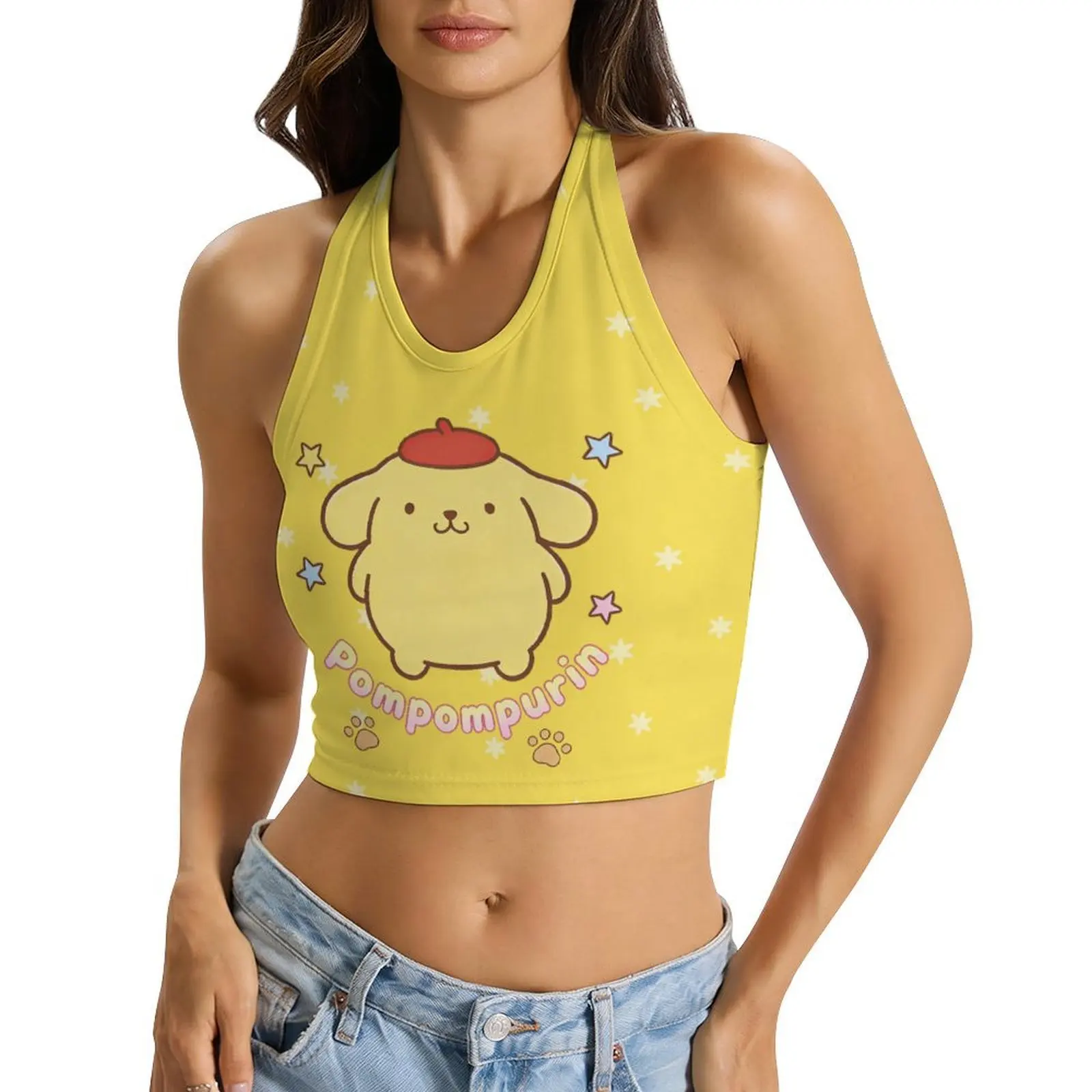 Pompompurin Neck Strap Vest Women Sanrio Halter Top Self Tie Tank Tops Fashion Cami