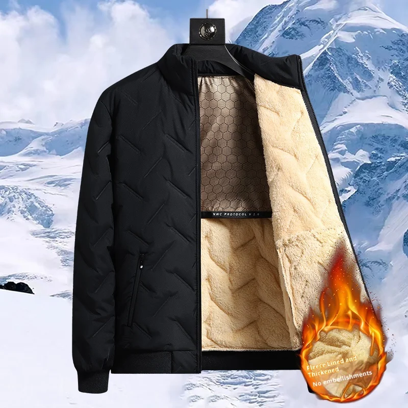 

Winter Men's Stand-Up Collar Quilted Cotton Jacket, Lamb Wool Lining, Windproof and Warm Coat, Thickened Casual Zipper Style Fashionable Cotton Top (High-Quality Warm Material)