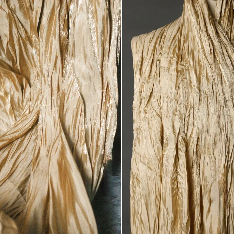 Camel Pleated Fabric for Dresses Handmade Diy Designer Wholesale Cloth Per Meter Apparel Diy Sewing Polyester Material