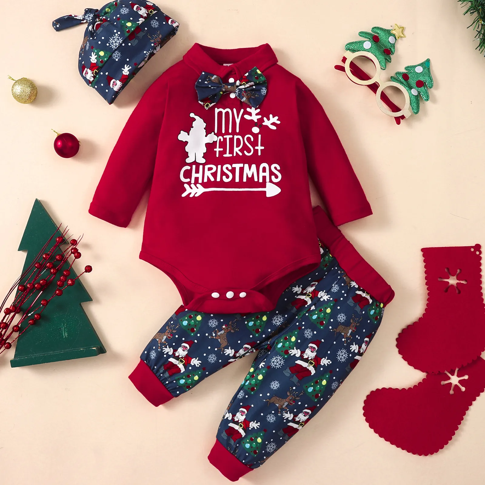 Infant Boys Girls Winter Long Sleeve Christmas Santa Cartoon Prints Romper Pants Hat Outfits New Born Baby Clothes for Girl