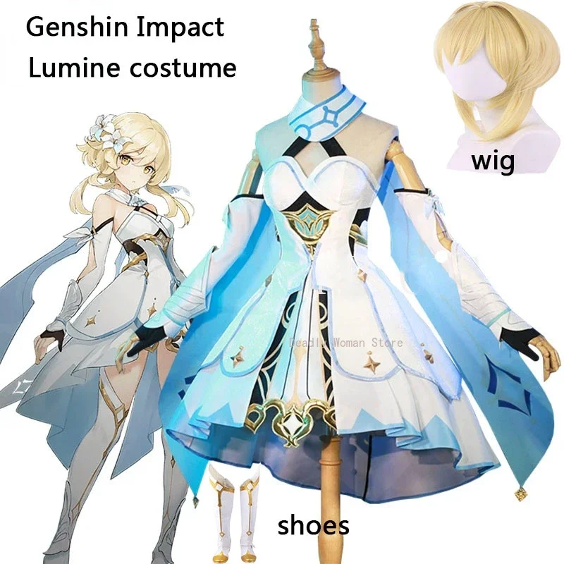 Genshin Impact Lumine disfraces de Cosplay, ropa de juego de fiesta de Halloween para mujeres y niñas, traje lindo, peluca, conjuntos completos