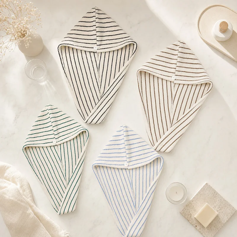 100% Cotton Thin-Striped Hair Towel Cap, Cross-Border Simple Thickened Striped Soft Absorbent Hair Cap for Home Use By Women