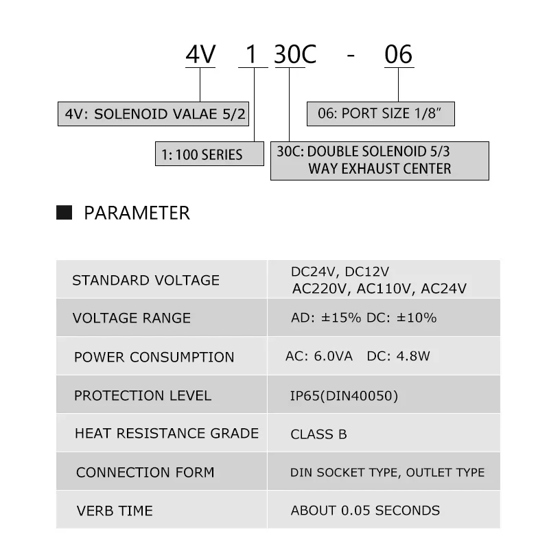 Solenoid valve 4V130C-06 Double headed Double control 5 Way 3 Position Power down hold Pneumatic directional valve