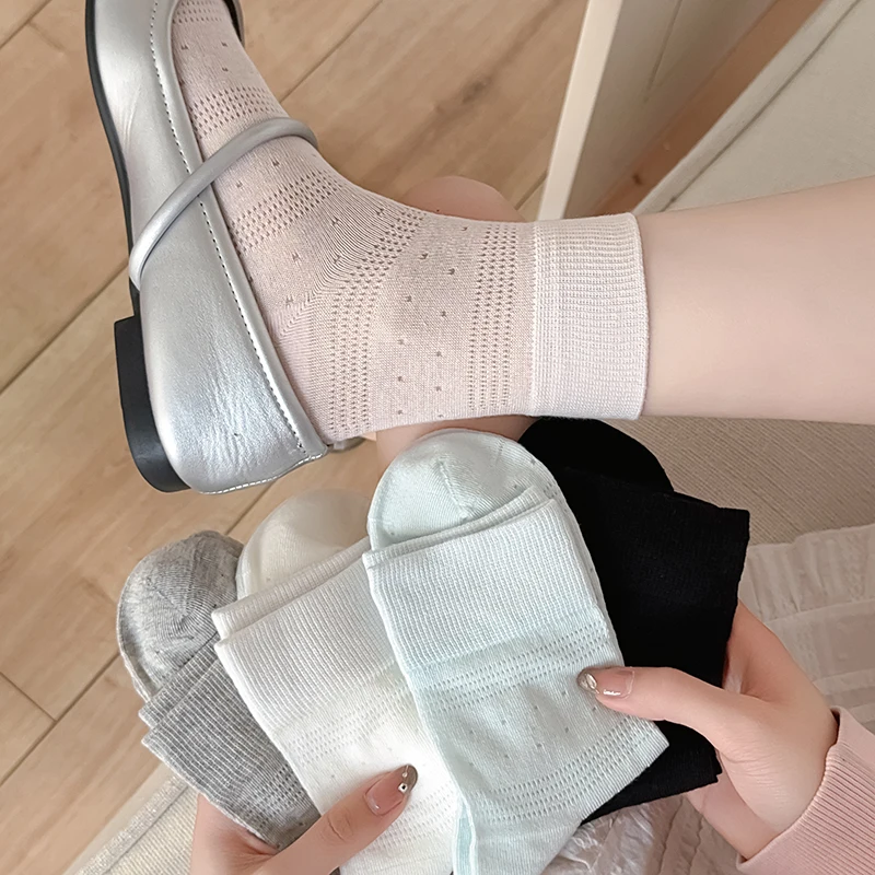 

Женские носки, новые дышащие тонкие носки в горошек, женские повседневные однотонные сетчатые носки в простом стиле для девочек на каждый день