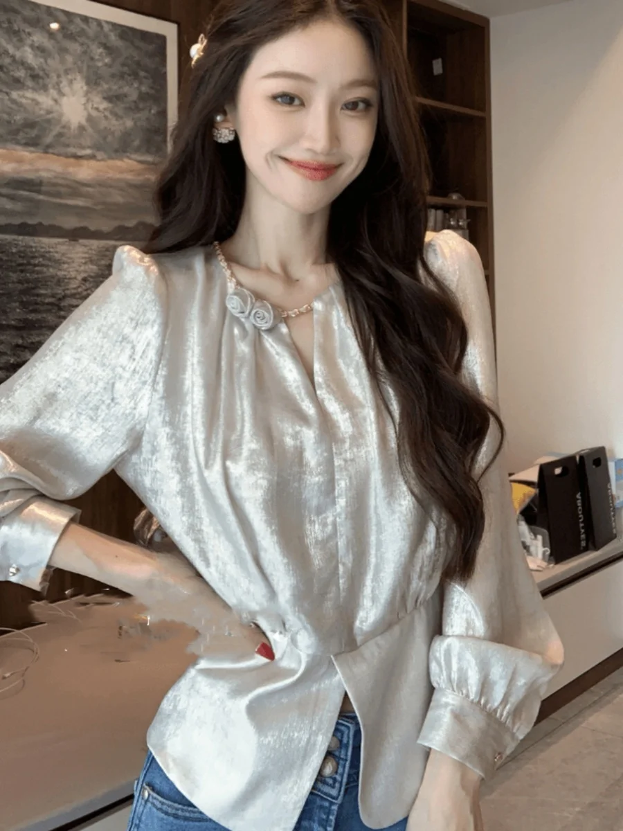 

Ele Satin Женский irt 3D Цветочный Дизайн Осенняя Моя Романтическая Аосфера Sensation Длинный Свек круглый Ne Топ