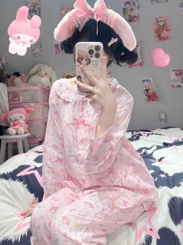 Anime Cartoon Fashion Women's Long Sleeved Long Pants Pajamas Spring and Autumn New Style Youth Set Student Home Clothes Kawaii