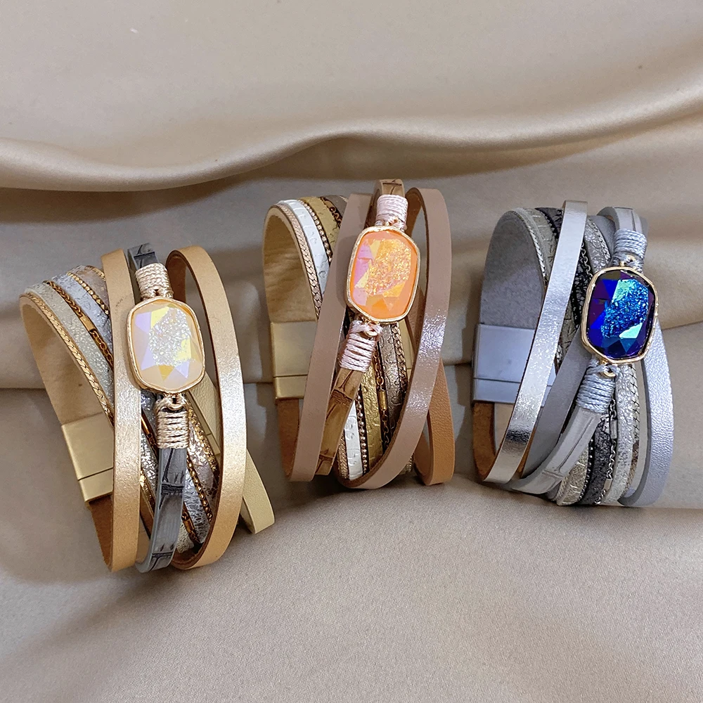 ALLYES Hip-hop Resin Stone Woven Leather Bracelet for Women Men Chunky Printed Multilayer Wrap Wide Bracelets Vintage Jewelry