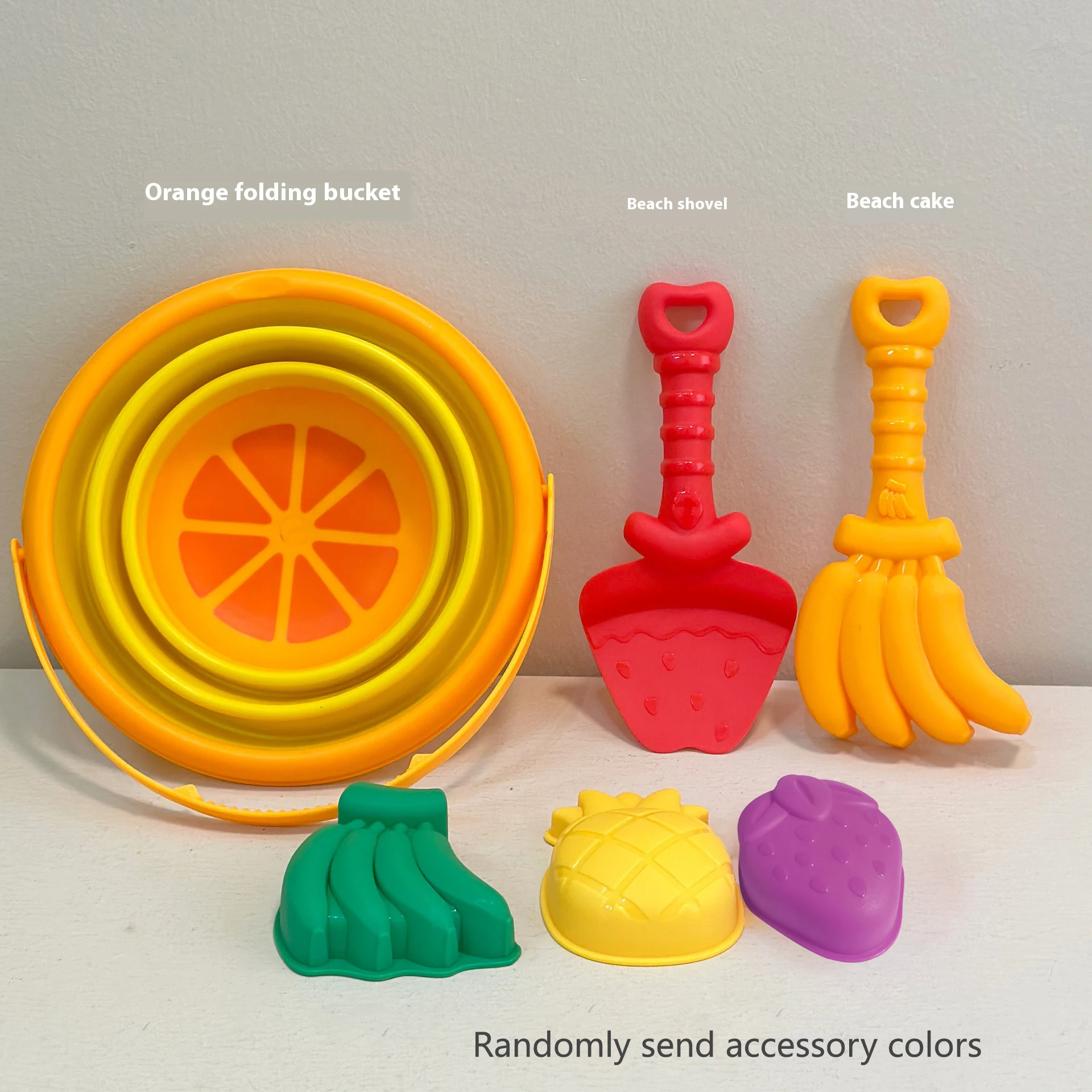 Faltbares Eimer-Strandspielzeugset, kreative Sandwerkzeuge und Obstformen – perfekt zum Spielen und Reisen