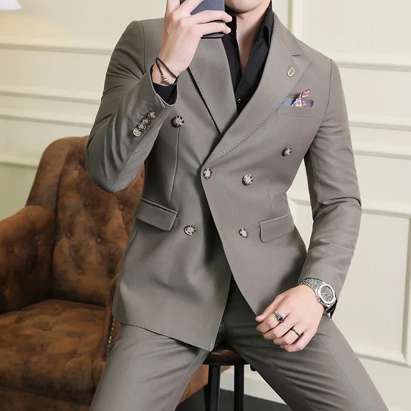 2024 Fashion New Men Boutique Double Breasted Plaid Slim Business Wedding Suit Pants2 Pcs Set Dress Blazers Jacket Trousers