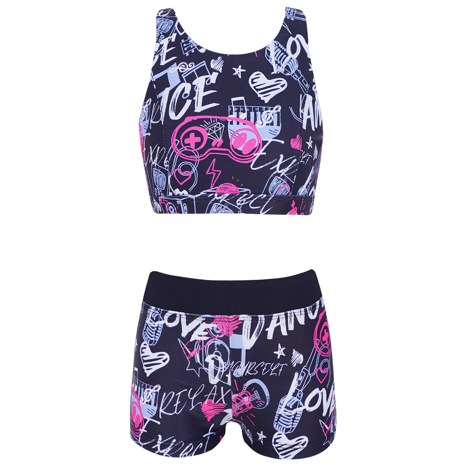 Summer Bathing Suit Girls Two Pieces Suits Swimsuit Beach Swimwear Sleeveless Crisscross Back Printed Top with Boyshorts Bottoms