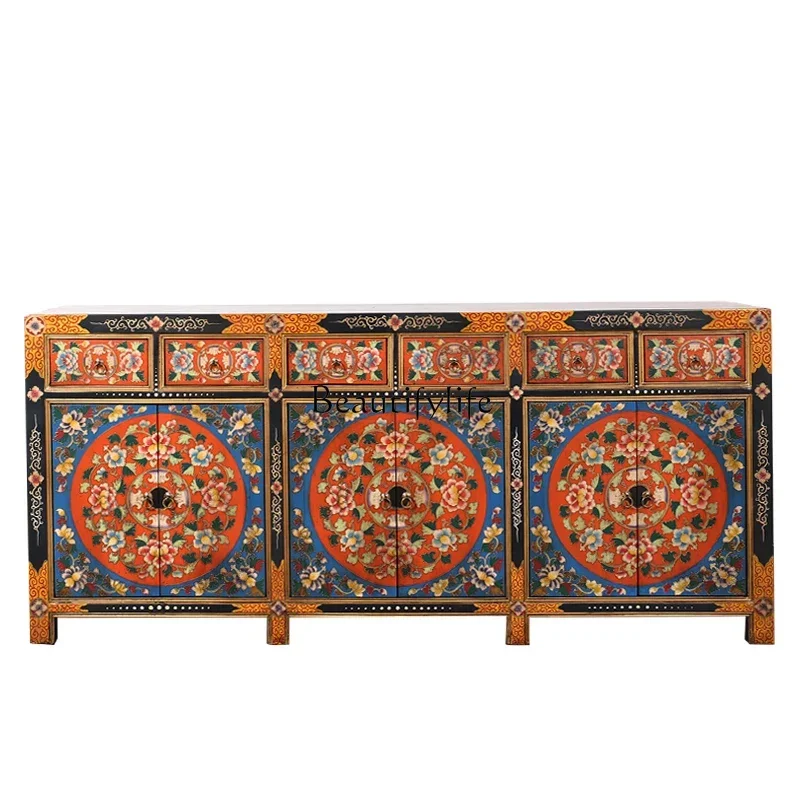 

LJYNew Chinese retro entrance cabinet decorative Tibetan painted furniture solid wood