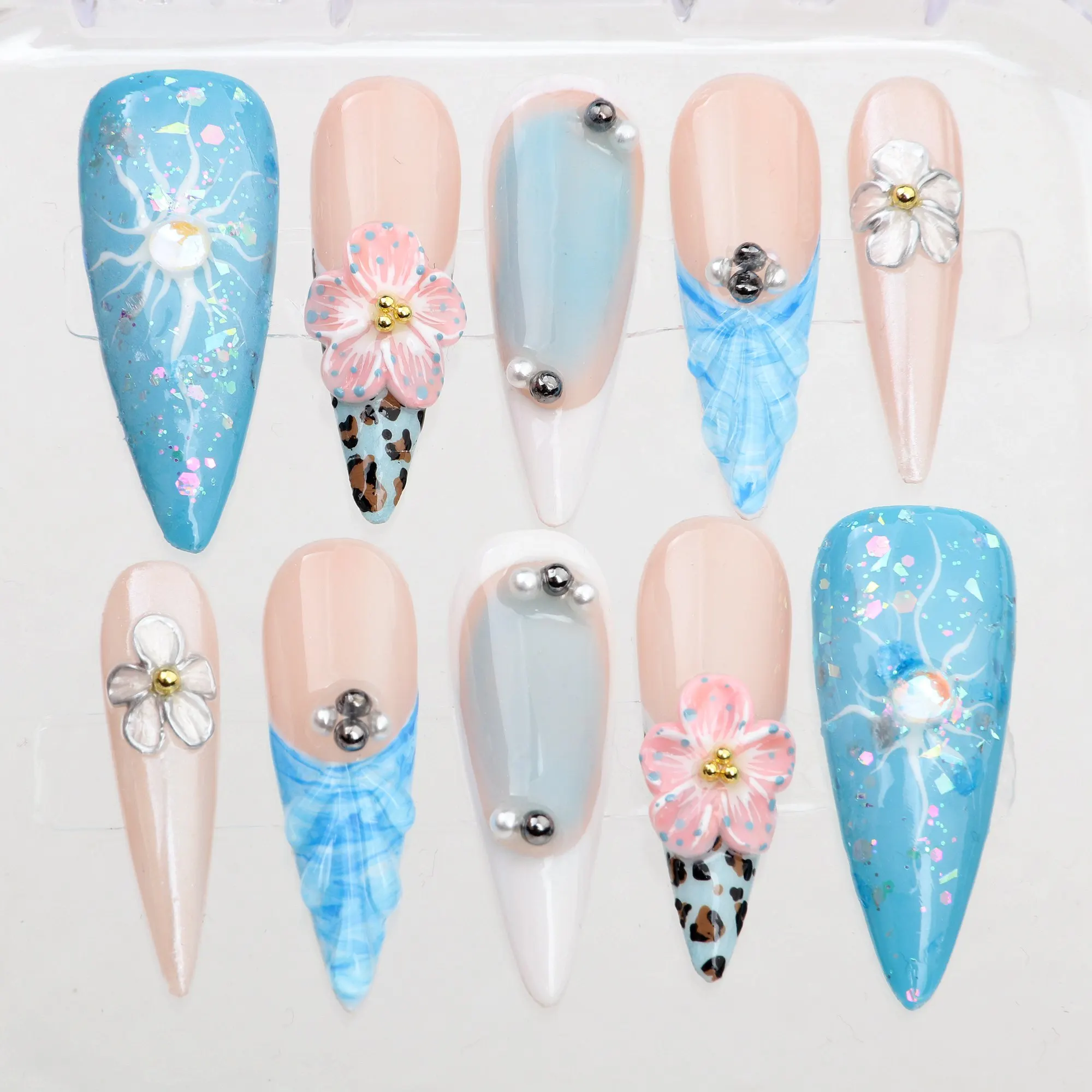 

10Pcs Handmade Manicure Long Stiletto Fake Nails Unique 3D beautiful Flowers Press On Nails Design with Adhesive Nail File Set