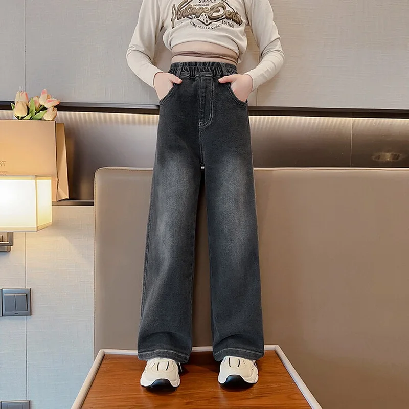 2024 New High Quality Girls Jeans Vintage Denim Wide Leg Pants Kids Clothing Children Casual Solid Trousers For Teenager Clothes