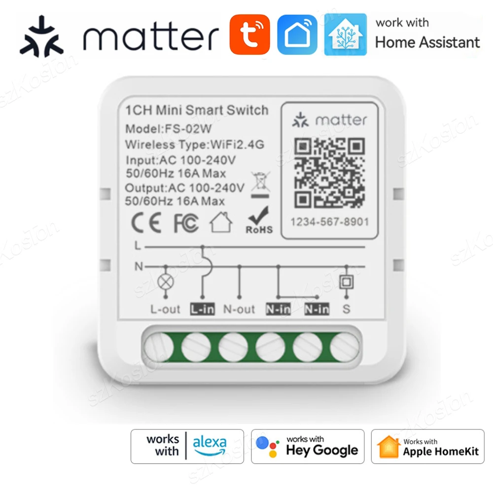 Matter WiFi Smart Switch 16A Smart Home Light Switch Relay Module Voice Control Work with Alexa Google Homekit Smartthings Tuya