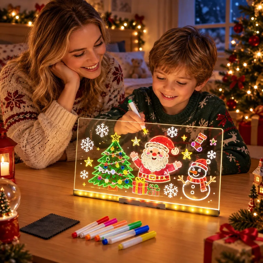 Dry Erase Led Light Board for Kids - Acrylic Drawing Pad with 12-Color Pens & Foldable Stand for Birthday Christmas Party Gift