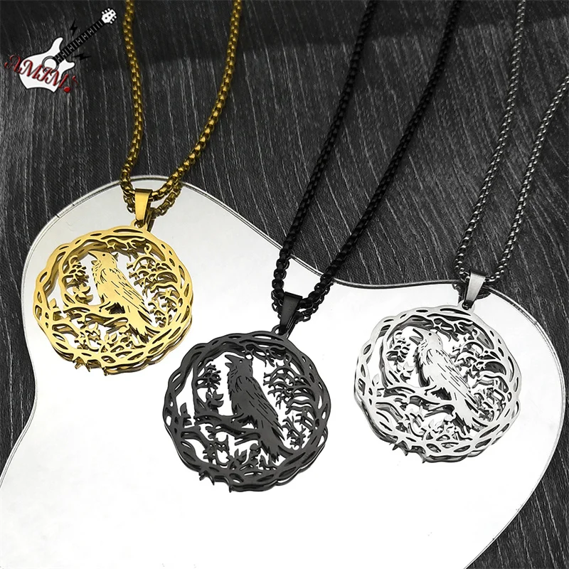 여성을위한 펑크 동물 레이븐 할로우 펜던트 목걸이 남성 스테인레스 스틸 블랙 컬러 포도 나무 크로우 체인 쥬얼리 할로윈 선물