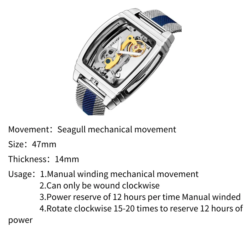 Orologio meccanico manuale da uomo serie cava quadrante da 47 mm con orologio a botte con movimento meccanico manuale Seagull