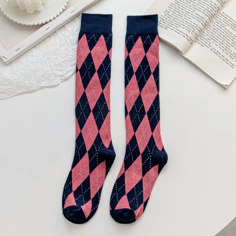 Preppy Style Women Knee High Socks College Vintage Multicolor Argyle Diamond Plaid Print Uniform Cotton Calf Stockings