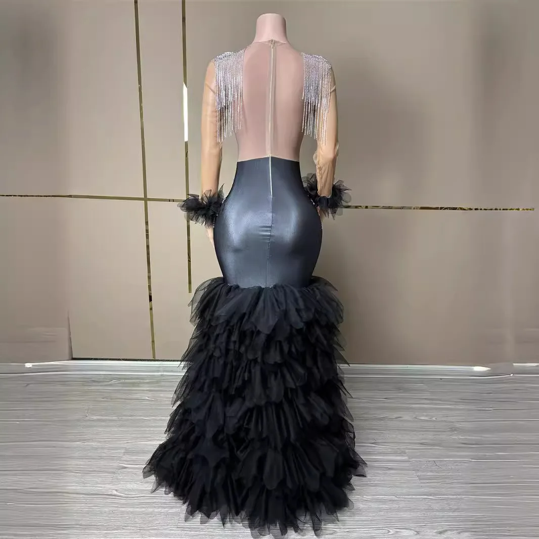 STOCK Luxury Skinny Rhinestone Mesh Dress Club Nightclub Performance Outfit Sexy Banquet Gown Splicing Detail Rhinestone Dresses